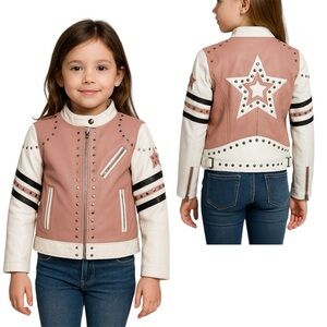 Rare Wilsons Leather Kids Studded LeatherJacket Size M Pink With Star Y2K Style